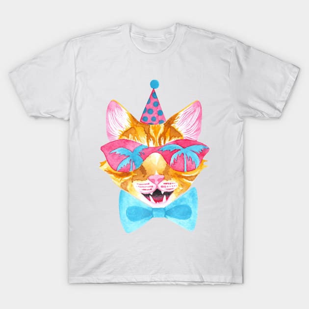 Miami Cat in Sunglasses with Palm Tree Reflections, Bowtie and a Party Hat T-Shirt by Katie Thomas Creative